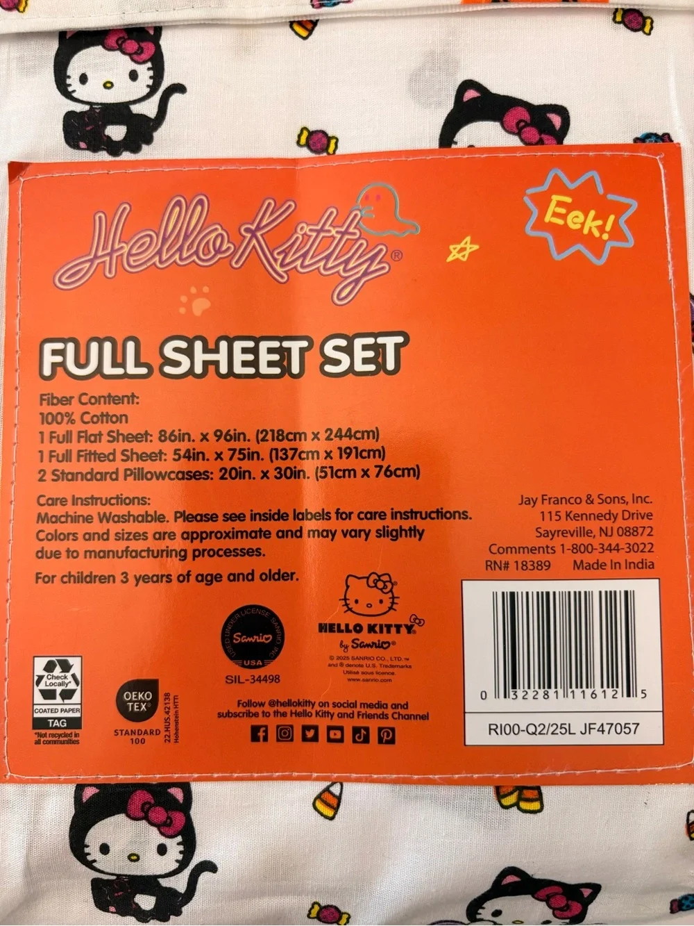 Hello Kitty Halloween Full Size Sheet Set Black Cat 100% Cotton Sario New